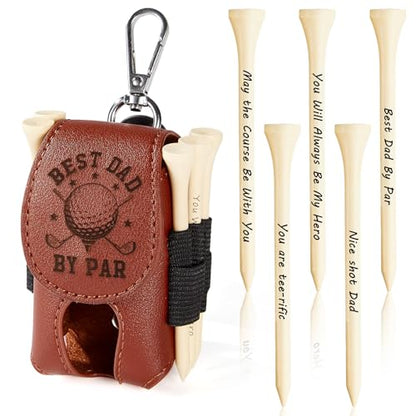 Naozinebi Father‘ s Day Gifts Golf Bag Tee Holder with 5 Tees Set Best Dad by Par 3-1/4 inch Wooden Golf Tees Bulk for Funny Dad Grandpa Uncle Birthday Present from Daughter Son
