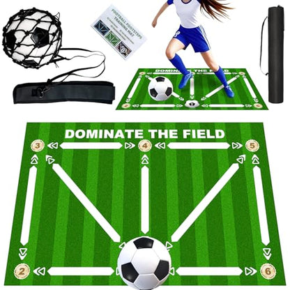 Football Footstep Training Mat, Soccer Training Mat 35 * 24IN, Soccer Skills Training Equipment with Storage Bag and Soccer Return Trainer Net (Green-White)