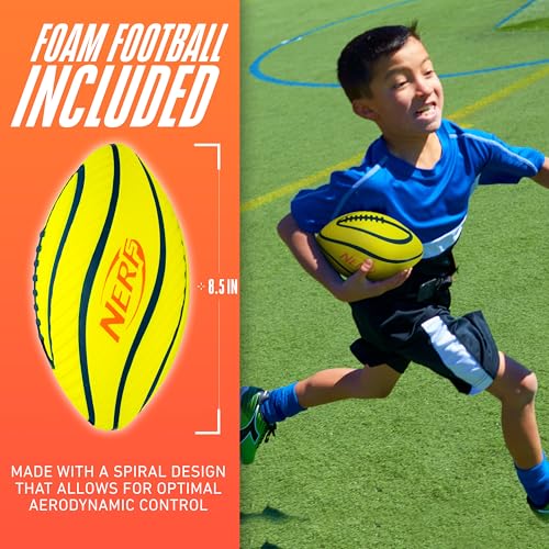 Nerf 10 Player Flag Football Belts + Ball Set - Youth Flags + Junior Foam Football for Kids - Full Kit for 5 v 5 Games - Includes (10) Belts + 1 Foam Ball
