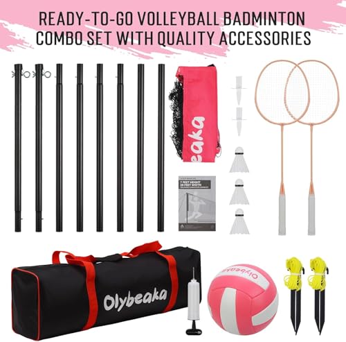20ft Outdoor Volleyball & Badminton Combo Net Set for Backyard Beach with Adjustable Poles, Durable Anti-Sag Net, PU Volleyball, 2 Aluminum Rackets - color: Pink