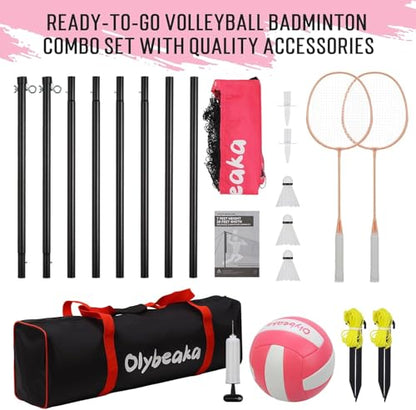 20ft Outdoor Volleyball & Badminton Combo Net Set for Backyard Beach with Adjustable Poles, Durable Anti-Sag Net, PU Volleyball, 2 Aluminum Rackets - color: Pink