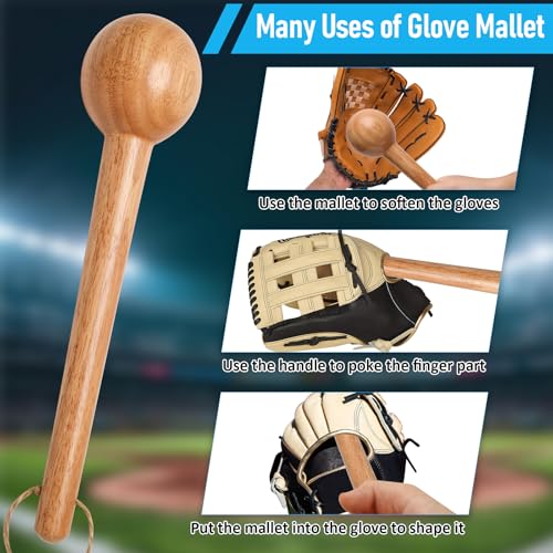 Baseball Glove Break in Kit, One-Piece Solid Wooden Baseball Glove Mallet and Three Colors Glove Wrap Straps for Baseball Glove and Softball Glove, Fit Adult Youth Kids Catcher Mitt - color: blue