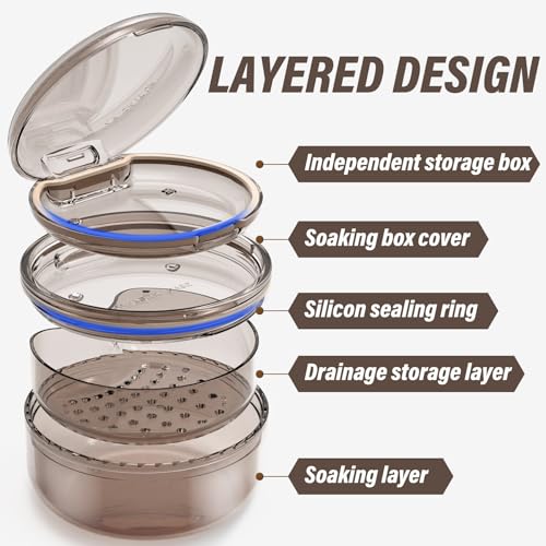 Denture Case Retainer Cleaning Case: 2 in 1 Retainer Case, No-Leak Denture Bath Box Cup, Complete Clean Care for Dentures, Clear Braces, Mouth Guard, Night Guard & Retainers - color: Grey