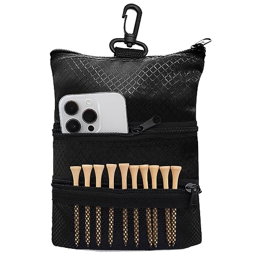 Amy Sport Golf Bag Accessories Valuables Pouch Bags Multi Pocket Zipper Hook with 10 Pcs Wood Golf Tees for Men Women - color: Black