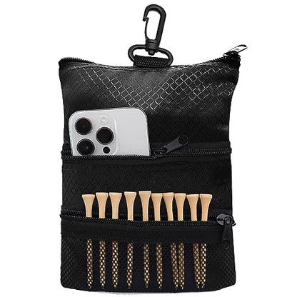 Amy Sport Golf Bag Accessories Valuables Pouch Bags Multi Pocket Zipper Hook with 10 Pcs Wood Golf Tees for Men Women - color: Black