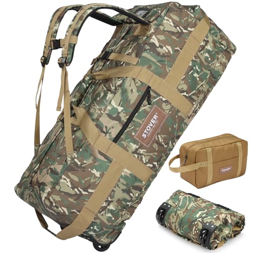 STOVER 45/80/100L Rolling Duffel Bag with Wheels, X-Large Durable Travel Duffle + Toiletry Bag, Heavy Duty, Packable with Shoulder Straps- Use as Luggage or Backpack (Camouflage) - color: Camouflage