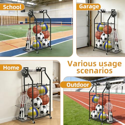 hanmir Ball Storage Rack for Garage, Rolling Sports Ball Organizer with Wheels, Baskets and Hooks, Sports Equipment Storage for Basketball Soccer Football, Garage Organizer (Black)