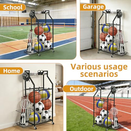 hanmir Ball Storage Rack for Garage, Rolling Sports Ball Organizer with Wheels, Baskets and Hooks, Sports Equipment Storage for Basketball Soccer Football, Garage Organizer (Black)
