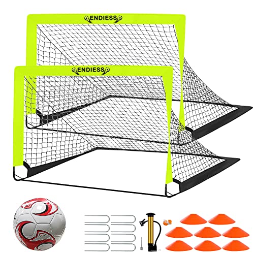 2 Pack 4'x3' Kids Soccer Goals, Durable Pop Up Soccer Net Set with Size 3 Ball, Pump, 8 Cones & Carry Bag, Portable Backyard Training Equipment for Toddler Youth - color: Green