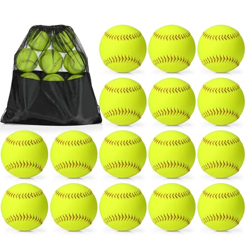 16 Pack Sports Practice Softball with Mesh Bag, Official Size and Weight Slowpitch Softball, Unmarked Leather Covered Youth Fastpitch Ball Training Ball for Training - size: 12 Inch