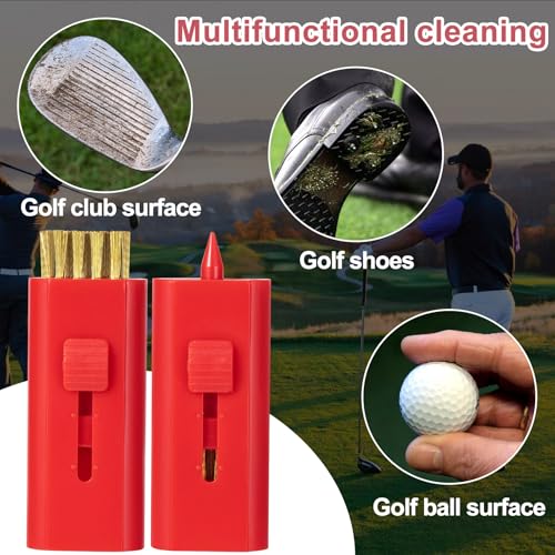 PAGOW 2 Pack Retractable Golf Club Cleaner Brush, Portable Double-Sided Golf Club Brush Groove Cleaner-Multicolor - color: Red