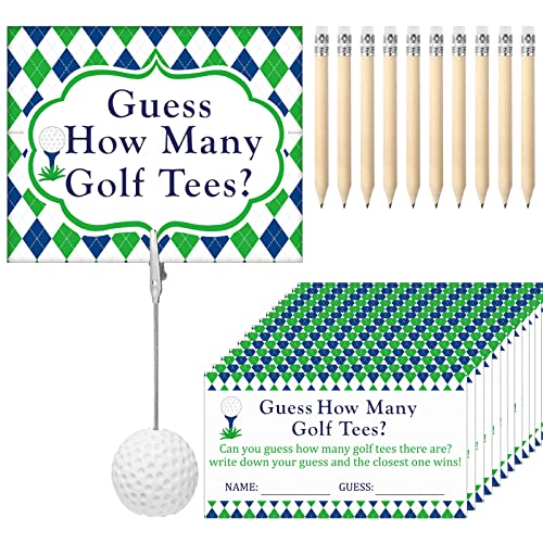Fumete 101 Pcs Guess How Many Golf Tees Cards 1 Resin Golf Ball Base Memo Clip Holder 10 Pencils Funny Games for Golf Theme Party Supply Bridal Shower Birthday Baby Shower