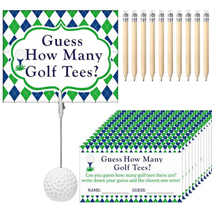 Fumete 101 Pcs Guess How Many Golf Tees Cards 1 Resin Golf Ball Base Memo Clip Holder 10 Pencils Funny Games for Golf Theme Party Supply Bridal Shower Birthday Baby Shower