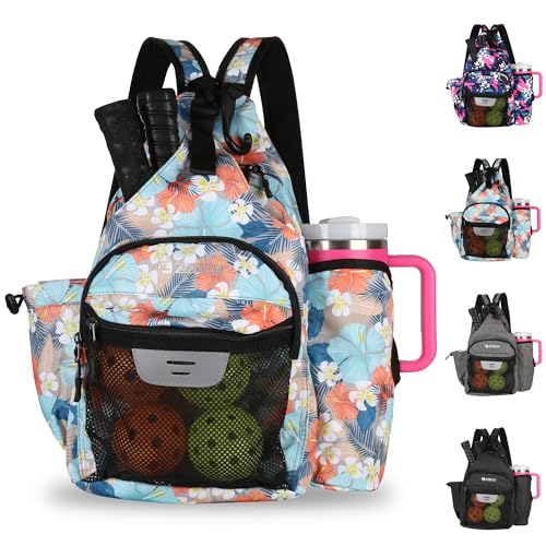 ZOEA Pickleball Backpack Bag for Men Women, Fits 40oz Tumbler, Holds 4 Paddles with Fence Hook, Waterproof Reflective, 7 Pockets Convertible Straps - color: Gray Flower