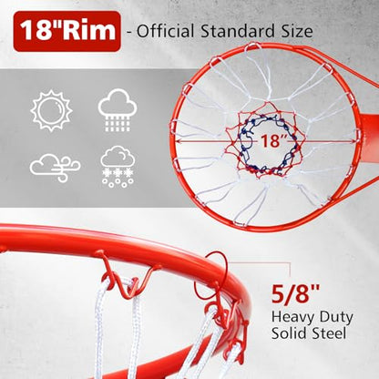 18" Basketball Rim Replacement, Wall Door Mounted Basketball Rim, Heavy Duty Basketball Flex Rim Goal Replacement with Net Fits In-Ground & Wall-Mounted Basketball Hoops, Indoor/Outdoor - color: Red