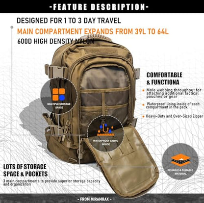 Miramrax Tactical Backpack Military Hiking Daypack - Molle Backpack for Men 3 Day Assault Pack Bug Out Bag for Camping Travel Army Hunting Gym Rucksack Survival (Coyote) - color: Coyote