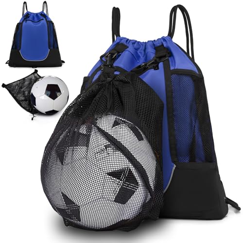 KAEGREEL Drawstring Soccer Bag Basketball Backpack for Kids Teens, Foldable Sports Bags Detachable Ball Mesh Bag for Gym Yoga Football Baseball - color: Blue