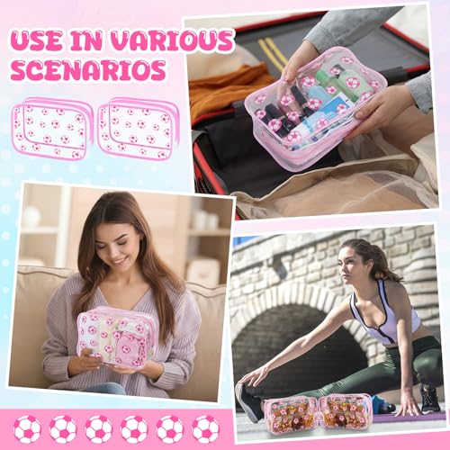 Kacctyen 24 Pcs Pink Soccer Clear Makeup Bag with Zipper Bulk Sport Goodie Clear PVC Pouch Organizer Waterproof Travel Case for Woman Team Gifts Birthday Decorations Supplies Favors - style: Pink Soccer