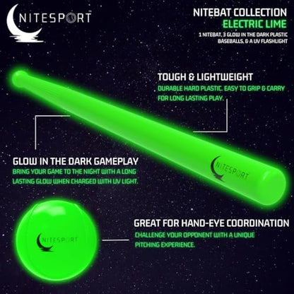 Glow in The Dark Plastic Baseball Bat w/ 3 Glow in The Dark Plastic Baseballs Bundle UV Flashlight Included (Electric Lime)