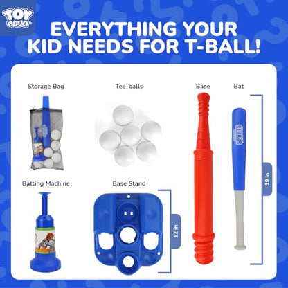 TOY Life Tball Set for Kids 3-5 & 5-8 - Toddler Baseball Tee and Bat Set with Ball Launcher & 6 Balls - Ideal Boy Toy Gift for Outdoor Play and Beginner Training - color: Blue