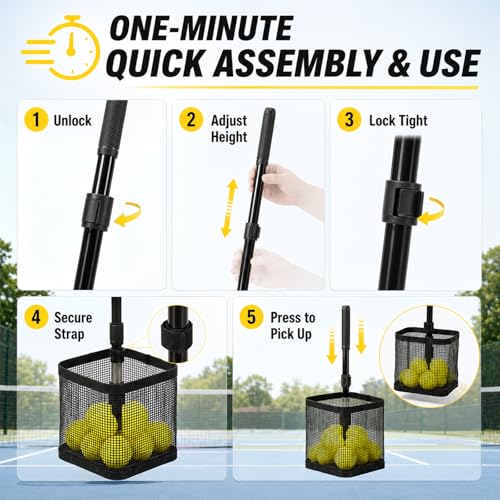 Pickleball Picker Upper 20+ Ball Capacity Foldable Pickleball Hopper Storage Basket Telescopic Handle Ball Retriever for No Bending Lightweight Pickleball Accessories for Coaches Players