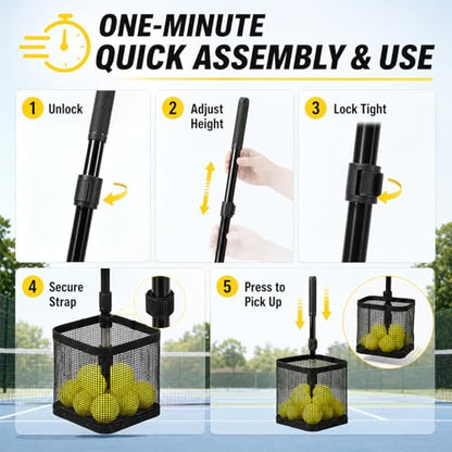 Pickleball Picker Upper 20+ Ball Capacity Foldable Pickleball Hopper Storage Basket Telescopic Handle Ball Retriever for No Bending Lightweight Pickleball Accessories for Coaches Players