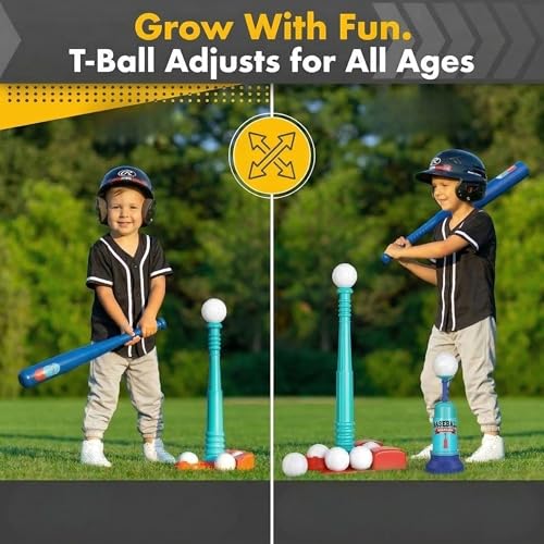 T Ball Stand for Kids and Toddlers 1-3, 3-5, 5-8. Baseball Set Includes 6 Large Balls, an Adjustable Tball Batting Tee, and a Pitching Machine. Kids Bat and Ball, T-Ball Sets for Kids - style: BLUE T BALL