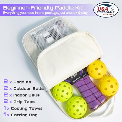 Pickleball Paddles Set, USAPA Approved Carbon Fiber Pickleball Set of 2 with Beginner Pickleball Rackets, Indoor Outdoor Pickle Balls for Adults Men Women, JT-1 - color: Purple