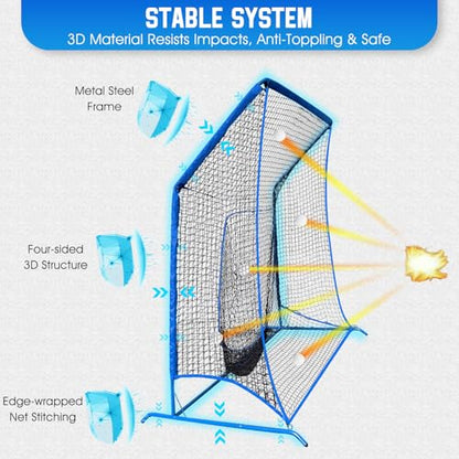 Baseball Softball Net with Blocking System, 7x7ft/6x6ft/10x7ft Practice Cage Net for Batting/Pitching/Fielding, Metal Frame with Elevated Base and Storage Bag for Backyard Indoor Training - size: 6x6FT