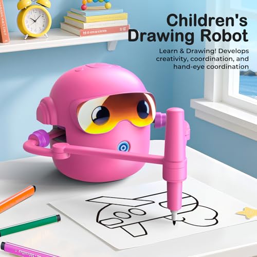 Drawing Robot for Kids with 100 Cards, Montessori Painting Learning Toys for 3 4 5 6 7 8 Year Old Boys Girls,Voice Interactive Early Learning Educational Drawing Toy Gift for Birthday Party - size: Pink