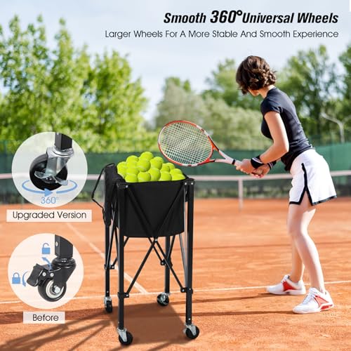 Portable Tennis Ball Hopper Holds 180 Balls, Tennis Ball Basket Cart with 4 Wheels & Brakes, Detachable Oxford Fabric Bag for Tennis and Pickleball Training, Black - color: Black Iron