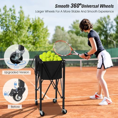 Portable Tennis Ball Hopper Holds 180 Balls, Tennis Ball Basket Cart with 4 Wheels & Brakes, Detachable Oxford Fabric Bag for Tennis and Pickleball Training, Black - color: Black Iron