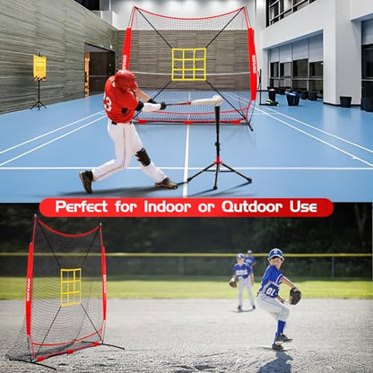 7x7 ft Baseball Net, Pitching & Batting Net with Batting Tee, Designed with Large Ball Collection System, 2 Strike Zones, Carry Bag, Baseball Softball Net for Batting Pitching Hitting and Throwing