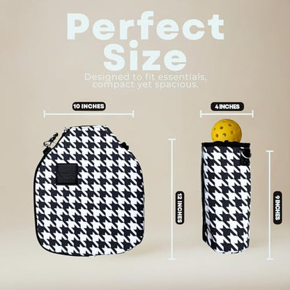 Pickleball Paddle Cover Crossbody bag with Adjustable Strap, Waterbottle holder, Ball Holder, Gifts for Women Men - color: Black & White