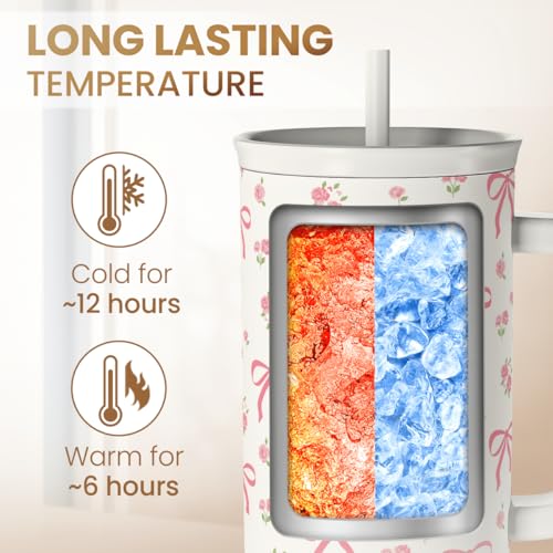Bow Tumbler with Handle 40oz, Stainless Steel Insulated Tumblers Coffee Travel Cup with Slider Straw Lid, Gifts for Women Teen Girls Birthday - color: Bow