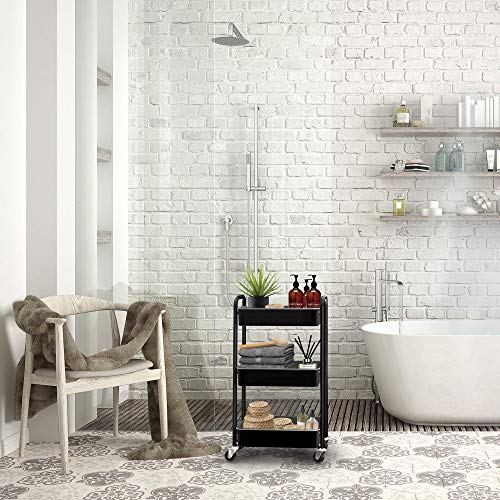 CAXXA 3-Tier Rolling Metal Storage Organizer - Mobile Utility Cart, Kitchen Cart with Caster Wheels (Black) - color: Black