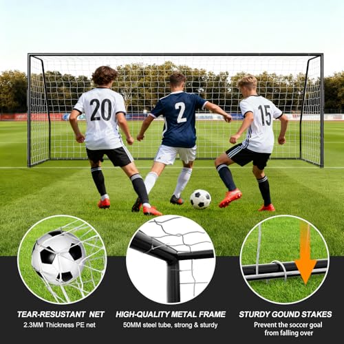 NAIZEA Soccer Goals - 24x8/21x7/18x7/12x6/16x7/10x6/8x6/6x4FT Soccer Goals for Backyard Training- Portable Metal Soccer Net for Youth & Adults - Heavy Duty Steel for Indoor Outdoor Games & Practice - size: 18ft x 7ft, style: Trainer-Black/Steel
