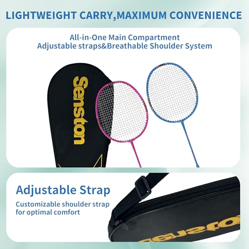 Senston Lightweight Beginner Badminton Set with 2 Rackets, 2 Shuttlecocks, Carry Bag - color: Blue and White