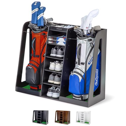 GoSports Premium Wooden Golf Bag Organizer and Storage Rack - Black, White or Brown Finish - Holds 2 Golf Bags