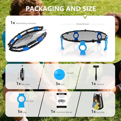 Upgraded Foldable Outdoor Games Kit (Includes 3 Balls, Pump, Carrying Case & Rules), VEXOMIX Metal Roundnet Game Set for Backyard, Lawn, Beach & Tailgating - Blue