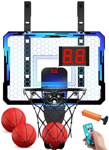 QDRAGON Mini Basketball Hoop, Over The Door Indoor, with 3 Balls/Inflator/Breakaway Rim, Basketball Toy Gifts for Kids and Adults, Suit for Bedroom/Office/Outdoor, Blue with Scoreboard & 7 Light
