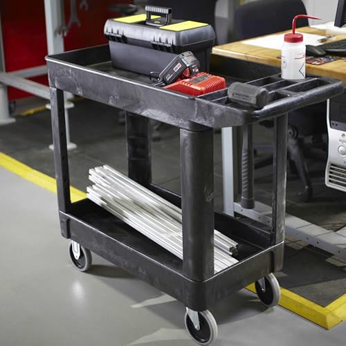 Rubbermaid Commercial Products 2-Shelf Utility/Service Cart, Small, Lipped Shelves, Storage Handle, 500 lbs. Capacity, for Warehouse/Garage/Cleaning/Manufacturing - size: Small
