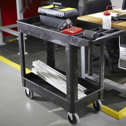Rubbermaid Commercial Products 2-Shelf Utility/Service Cart, Small, Lipped Shelves, Storage Handle, 500 lbs. Capacity, for Warehouse/Garage/Cleaning/Manufacturing - size: Small