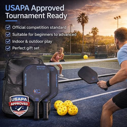Pickleball Paddle Set – T700 Friction Carbon Fiber Paddles with Covers, 2 Thermoforming 4-Layer Rackets, 4 Outdoor Pickleballs & Carry Bag | USAPA Approved Lightweight & 16MM Polymer Honeycomb Core