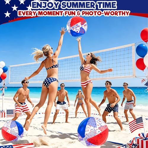 12 Pack 16" Inflatable Patriotic Beach Balls,4th of July Red White and Blue Stars Glitters Beach Ball Bulk,250th Anniversary Pool Toys for Kids & Adults Summer Swimming Pool Beach Party Game Water Toy - color: Patriotic White Red and Blue