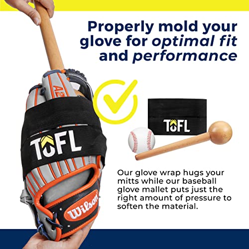 TOFL Baseball Glove Break-in Kit | Wooden Mallet and Elastic Wrap Band for Pocket Formation and Shaping | Hardwood Leather Softening Hammer with Adjustable Strap for Baseball Softball Training Use - color: Red+Mallet