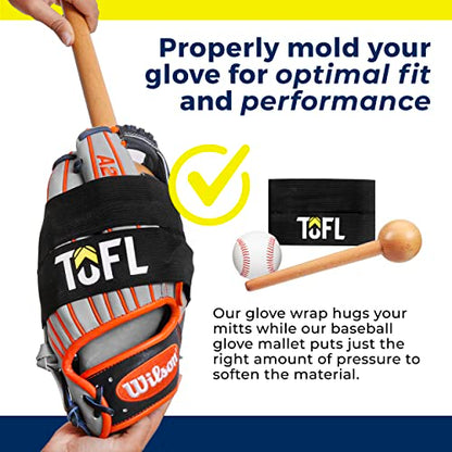 TOFL Baseball Glove Break-in Kit | Wooden Mallet and Elastic Wrap Band for Pocket Formation and Shaping | Hardwood Leather Softening Hammer with Adjustable Strap for Baseball Softball Training Use - color: Blue+Mallet