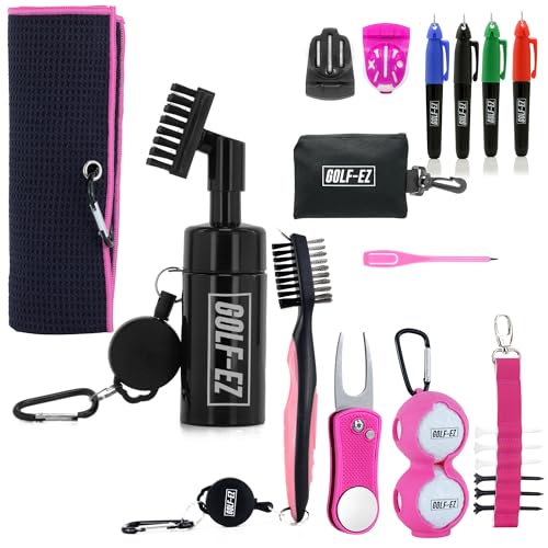 Golf Essentials Kit | Must-Have Accessories – Water Brush, Towel, Club Brush, Ball Marker, Divot Repair Tool, Ball & Tee Holder, Golf Gifts for Men & Women - color: Pink