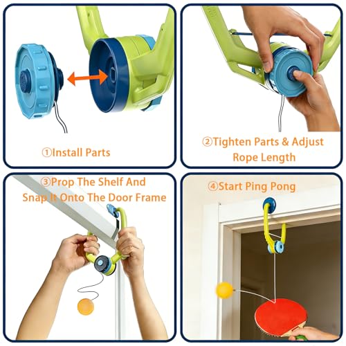 Hanging Ping Pong Tennis Trainer, Ping Pong Hanging from Doorway Adjustable Over-The-Door Table Tennis Kit with Wooden Paddles and Balls, Portable Daily Exercise Set