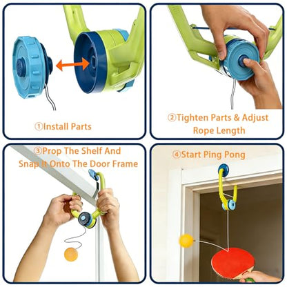 Hanging Ping Pong Tennis Trainer, Ping Pong Hanging from Doorway Adjustable Over-The-Door Table Tennis Kit with Wooden Paddles and Balls, Portable Daily Exercise Set